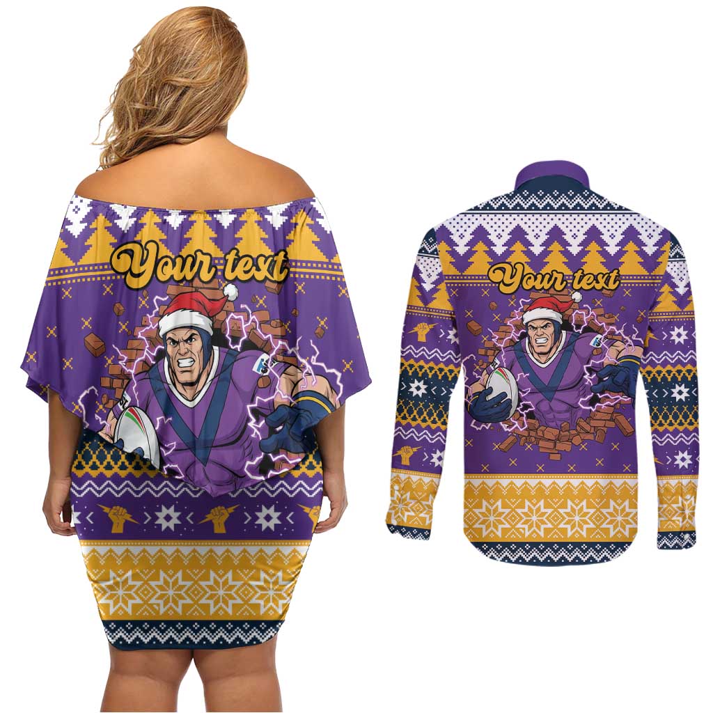 Melbourne Thunderbolt Santa Personalised Couples Matching Off Shoulder Short Dress and Long Sleeve Button Shirt Christmas Rugby League Spirit - Aussie Hoodie