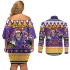 Melbourne Thunderbolt Santa Personalised Couples Matching Off Shoulder Short Dress and Long Sleeve Button Shirt Christmas Rugby League Spirit - Aussie Hoodie