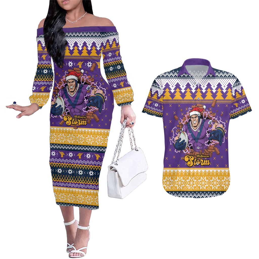 Melbourne Thunderbolt Santa Personalised Couples Matching Off The Shoulder Long Sleeve Dress and Hawaiian Shirt Christmas Rugby League Spirit - Aussie Hoodie
