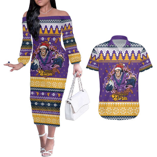 Melbourne Thunderbolt Santa Personalised Couples Matching Off The Shoulder Long Sleeve Dress and Hawaiian Shirt Christmas Rugby League Spirit - Aussie Hoodie