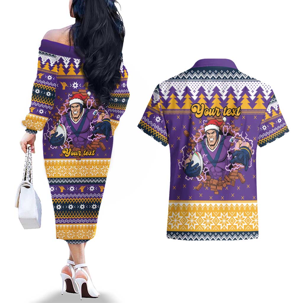 Melbourne Thunderbolt Santa Personalised Couples Matching Off The Shoulder Long Sleeve Dress and Hawaiian Shirt Christmas Rugby League Spirit - Aussie Hoodie