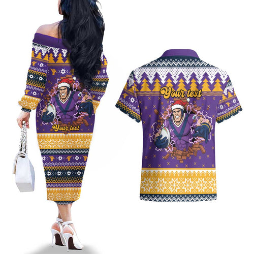 Melbourne Thunderbolt Santa Personalised Couples Matching Off The Shoulder Long Sleeve Dress and Hawaiian Shirt Christmas Rugby League Spirit - Aussie Hoodie