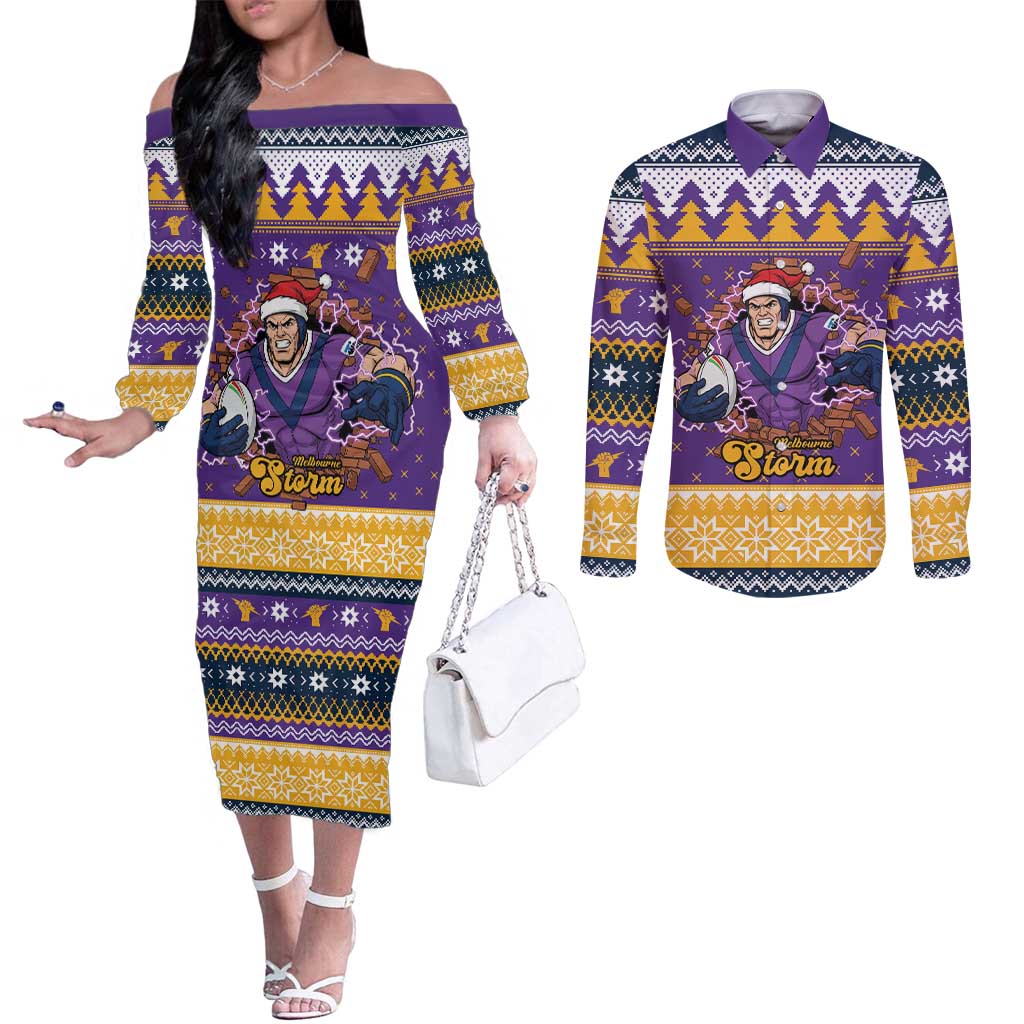 Melbourne Thunderbolt Santa Personalised Couples Matching Off The Shoulder Long Sleeve Dress and Long Sleeve Button Shirt Christmas Rugby League Spirit - Aussie Hoodie