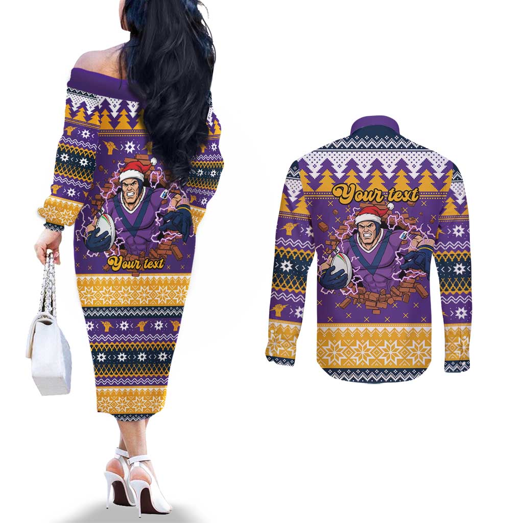 Melbourne Thunderbolt Santa Personalised Couples Matching Off The Shoulder Long Sleeve Dress and Long Sleeve Button Shirt Christmas Rugby League Spirit - Aussie Hoodie