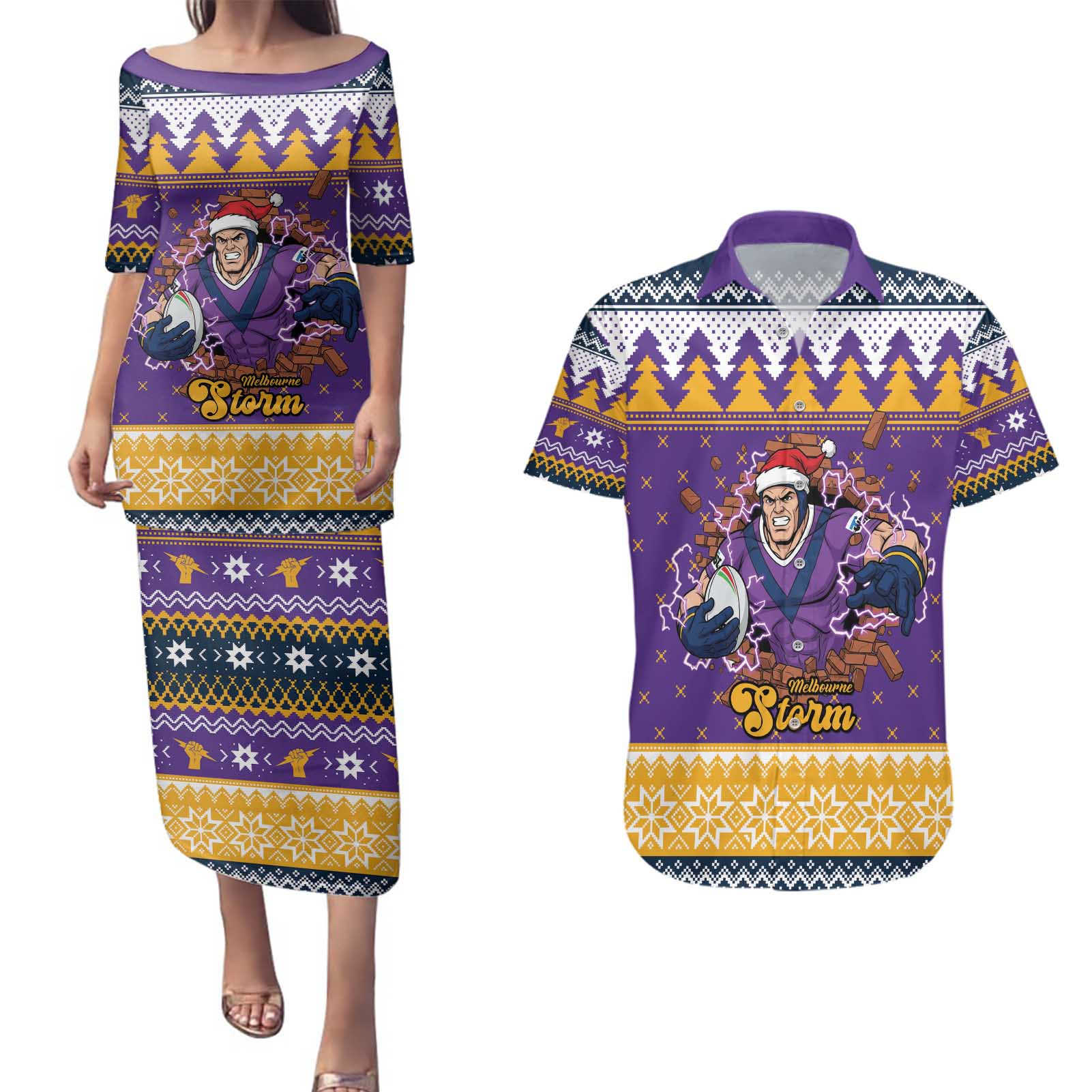 Melbourne Thunderbolt Santa Personalised Couples Matching Puletasi and Hawaiian Shirt Christmas Rugby League Spirit - Aussie Hoodie