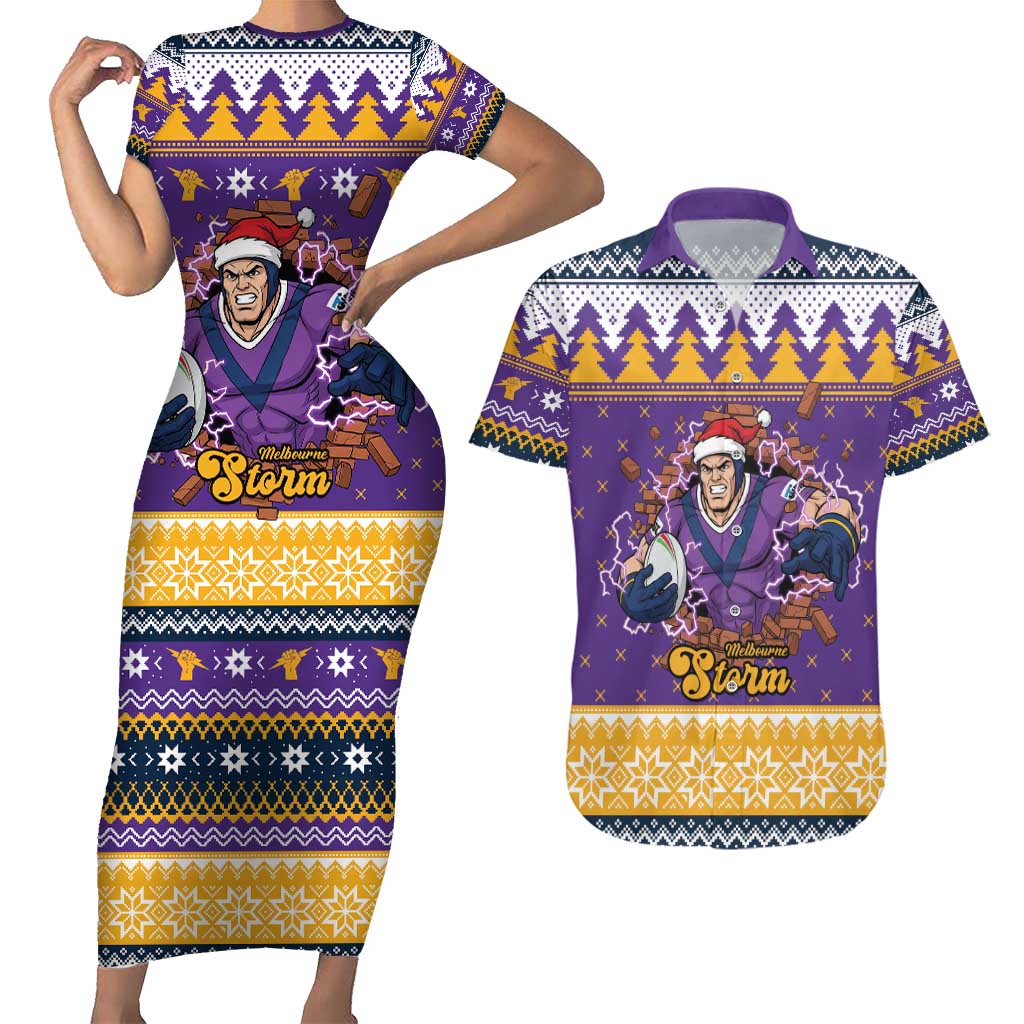 Melbourne Thunderbolt Santa Personalised Couples Matching Short Sleeve Bodycon Dress and Hawaiian Shirt Christmas Rugby League Spirit - Aussie Hoodie