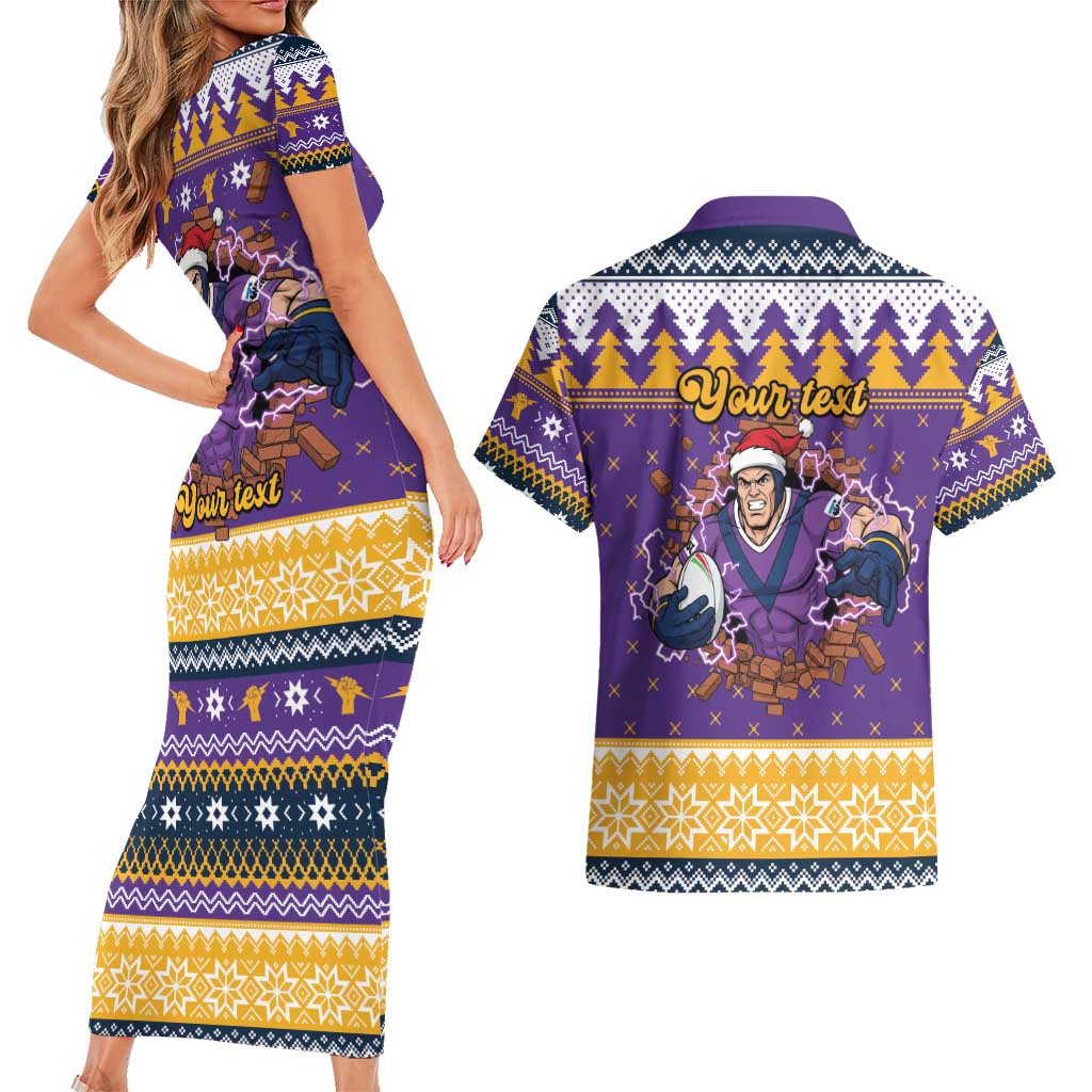 Melbourne Thunderbolt Santa Personalised Couples Matching Short Sleeve Bodycon Dress and Hawaiian Shirt Christmas Rugby League Spirit - Aussie Hoodie