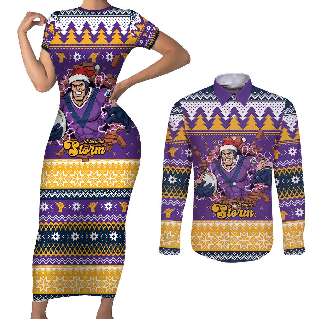 Melbourne Thunderbolt Santa Personalised Couples Matching Short Sleeve Bodycon Dress and Long Sleeve Button Shirt Christmas Rugby League Spirit - Aussie Hoodie