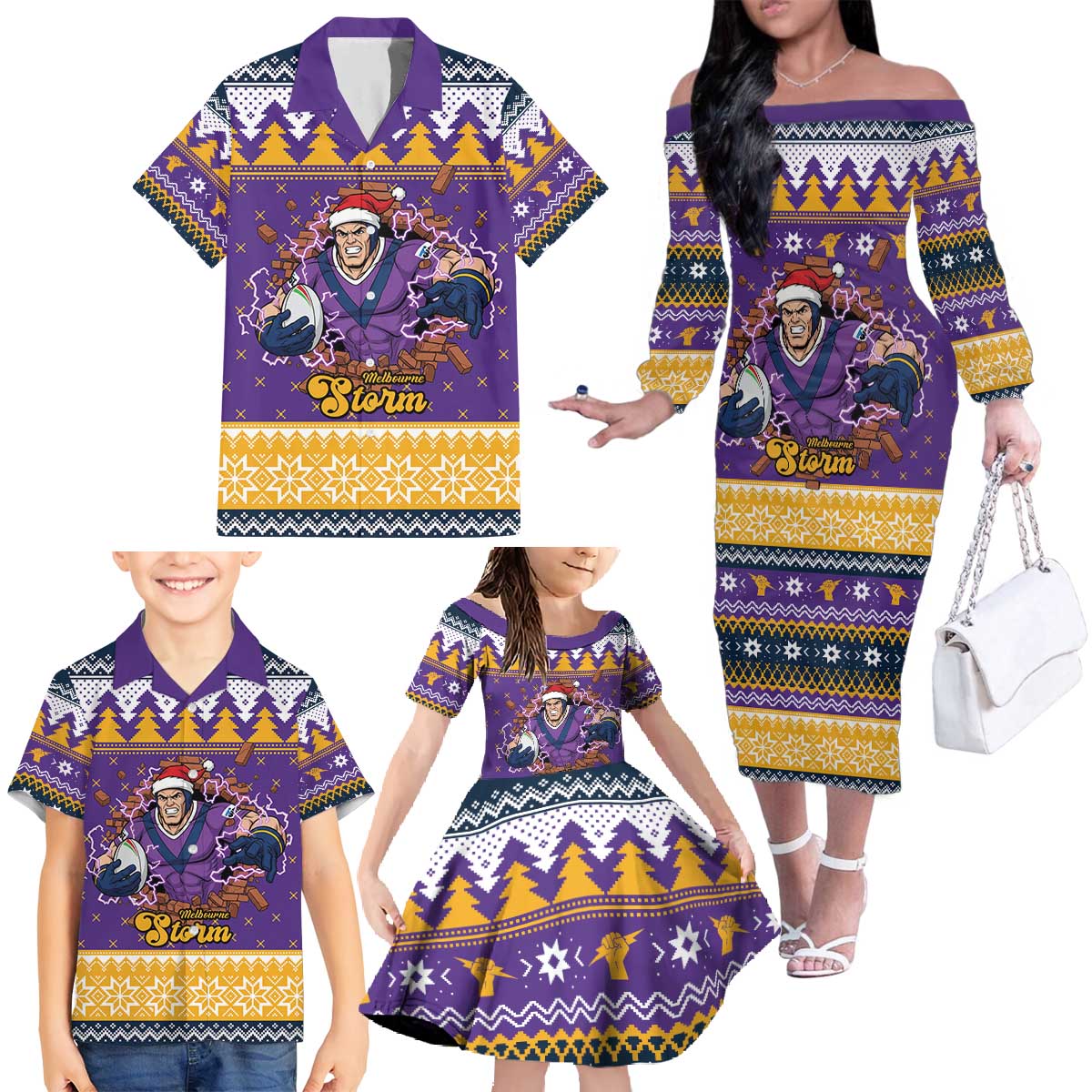 Melbourne Thunderbolt Santa Personalised Family Matching Off The Shoulder Long Sleeve Dress and Hawaiian Shirt Christmas Rugby League Spirit - Aussie Hoodie