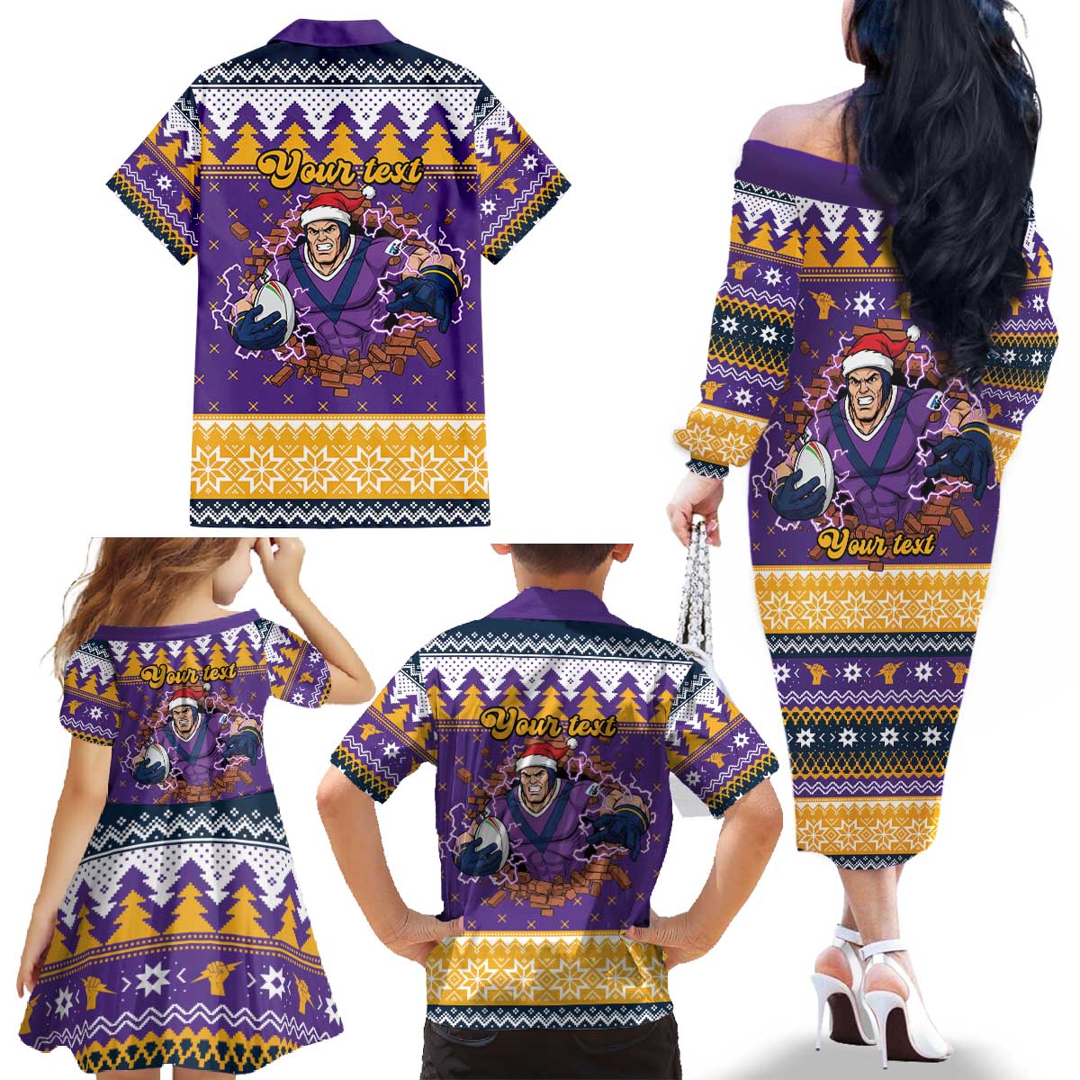 Melbourne Thunderbolt Santa Personalised Family Matching Off The Shoulder Long Sleeve Dress and Hawaiian Shirt Christmas Rugby League Spirit - Aussie Hoodie