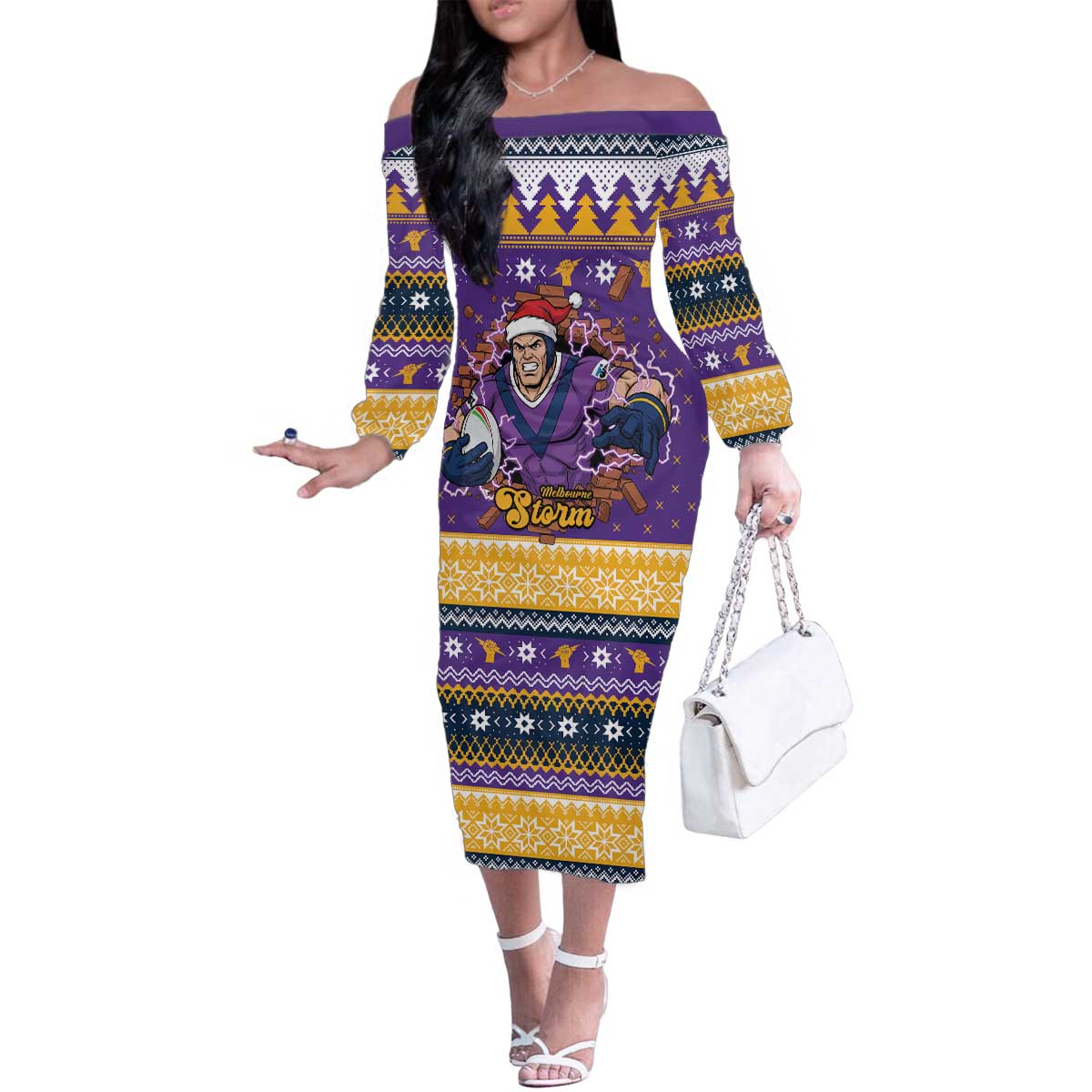 Melbourne Thunderbolt Santa Personalised Family Matching Off The Shoulder Long Sleeve Dress and Hawaiian Shirt Christmas Rugby League Spirit - Aussie Hoodie