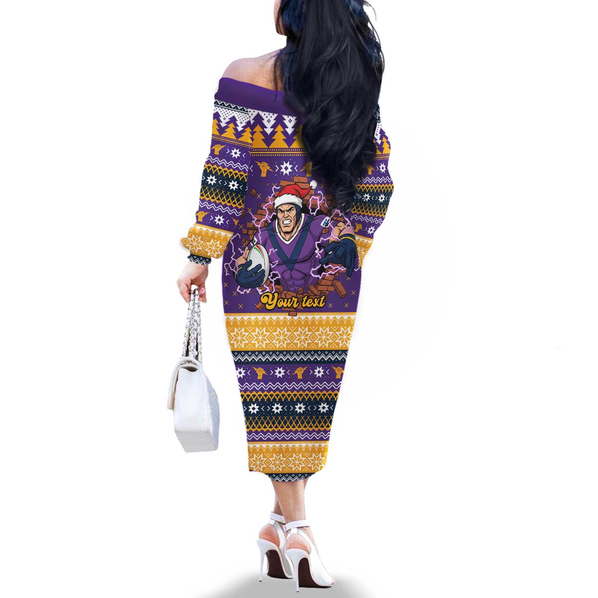 Melbourne Thunderbolt Santa Personalised Family Matching Off The Shoulder Long Sleeve Dress and Hawaiian Shirt Christmas Rugby League Spirit - Aussie Hoodie