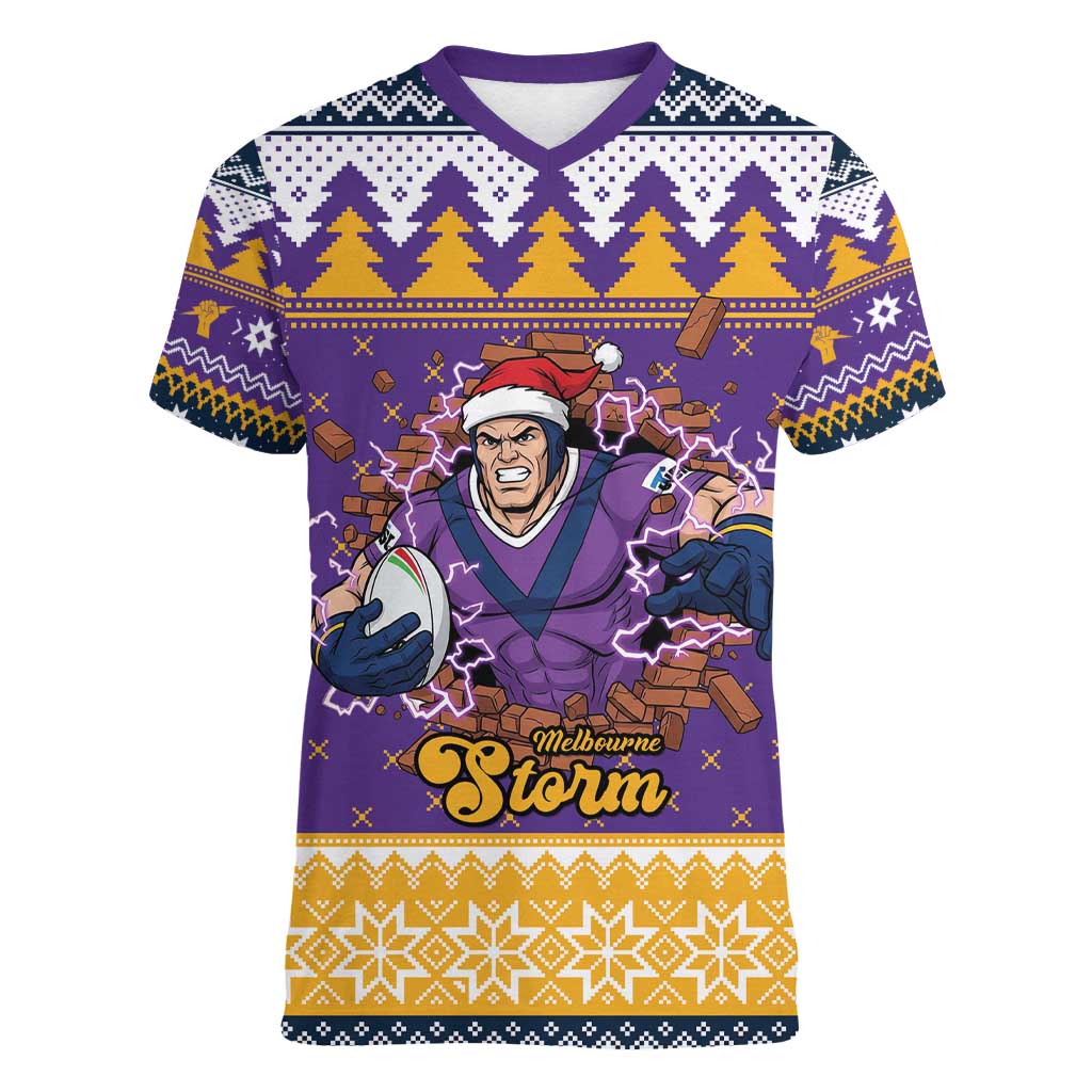 Melbourne Thunderbolt Santa Personalised Women V-Neck T-Shirt Christmas Rugby League Spirit - Aussie Hoodie