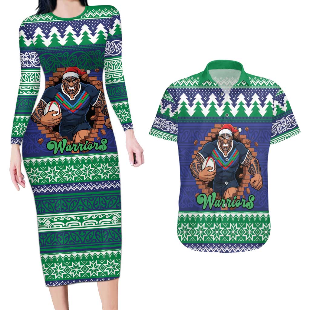 Merry Haka Warriors Personalised Couples Matching Long Sleeve Bodycon Dress and Hawaiian Shirt Christmas Rugby League Spirit - Aussie Hoodie