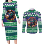 Merry Haka Warriors Personalised Couples Matching Long Sleeve Bodycon Dress and Long Sleeve Button Shirt Christmas Rugby League Spirit - Aussie Hoodie