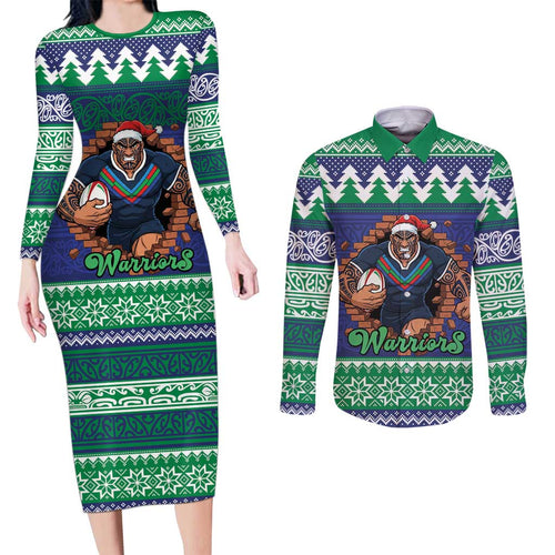 Merry Haka Warriors Personalised Couples Matching Long Sleeve Bodycon Dress and Long Sleeve Button Shirt Christmas Rugby League Spirit - Aussie Hoodie