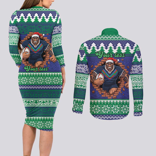 Merry Haka Warriors Personalised Couples Matching Long Sleeve Bodycon Dress and Long Sleeve Button Shirt Christmas Rugby League Spirit - Aussie Hoodie