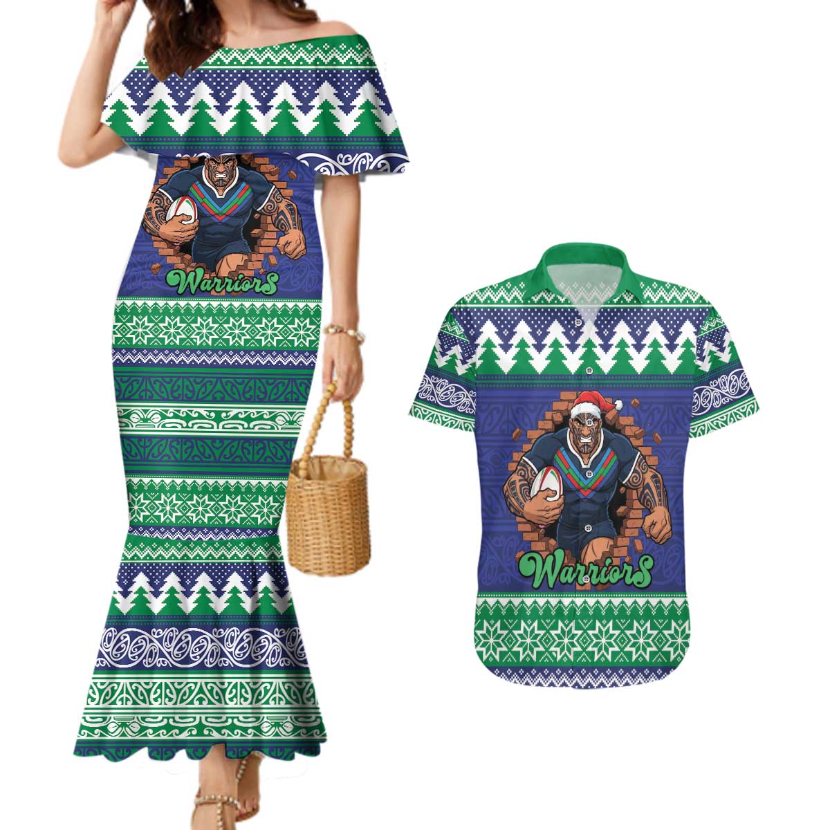 Merry Haka Warriors Personalised Couples Matching Mermaid Dress and Hawaiian Shirt Christmas Rugby League Spirit - Aussie Hoodie