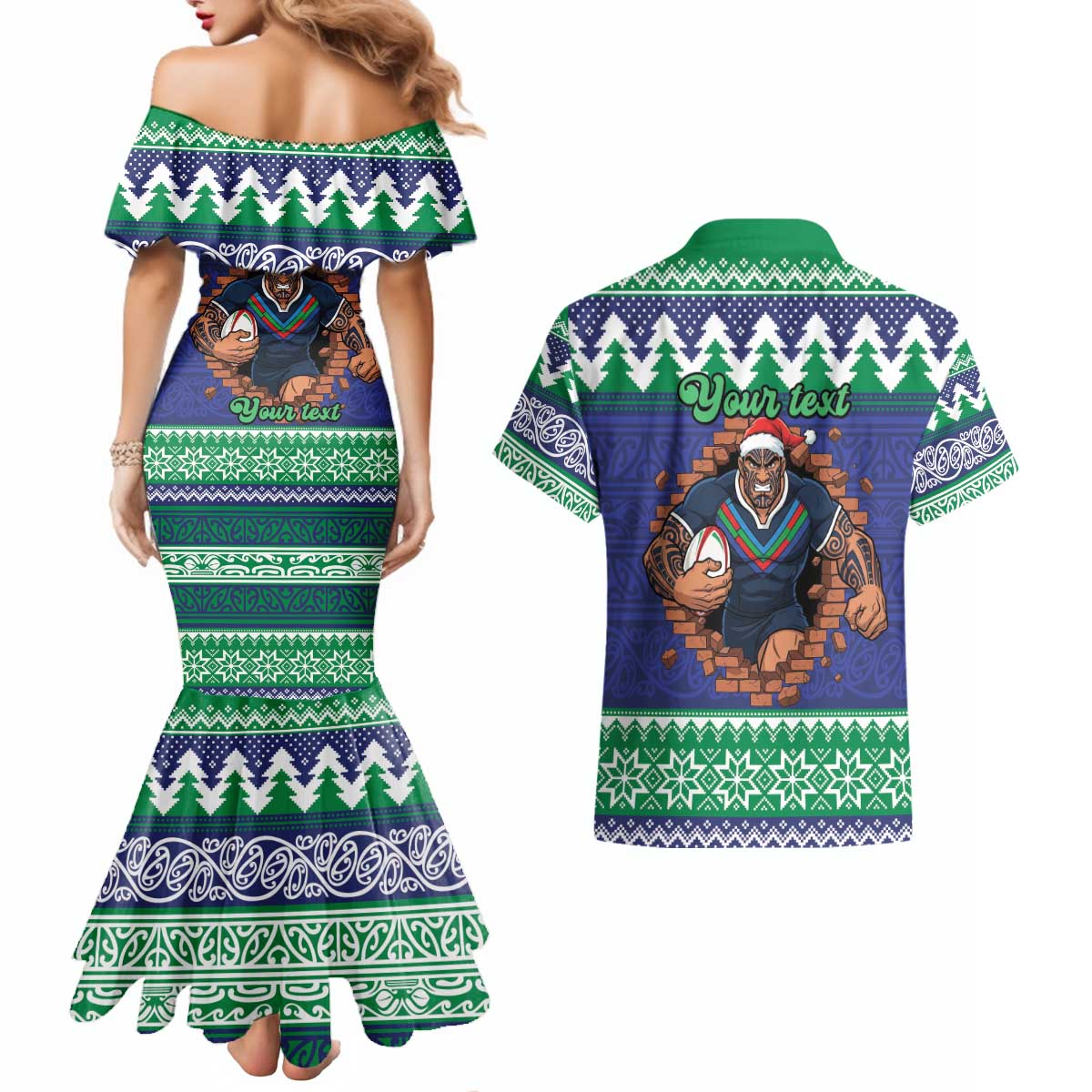 Merry Haka Warriors Personalised Couples Matching Mermaid Dress and Hawaiian Shirt Christmas Rugby League Spirit - Aussie Hoodie