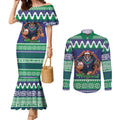 Merry Haka Warriors Personalised Couples Matching Mermaid Dress and Long Sleeve Button Shirt Christmas Rugby League Spirit - Aussie Hoodie