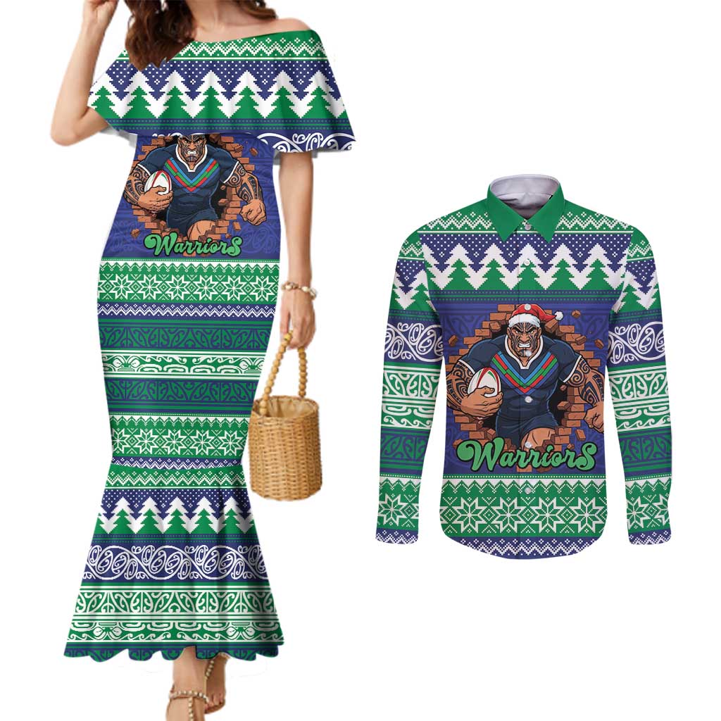 Merry Haka Warriors Personalised Couples Matching Mermaid Dress and Long Sleeve Button Shirt Christmas Rugby League Spirit - Aussie Hoodie
