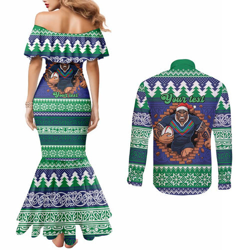 Merry Haka Warriors Personalised Couples Matching Mermaid Dress and Long Sleeve Button Shirt Christmas Rugby League Spirit - Aussie Hoodie