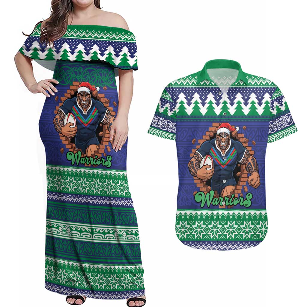 Merry Haka Warriors Personalised Couples Matching Off Shoulder Maxi Dress and Hawaiian Shirt Christmas Rugby League Spirit - Aussie Hoodie