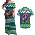 Merry Haka Warriors Personalised Couples Matching Off Shoulder Maxi Dress and Hawaiian Shirt Christmas Rugby League Spirit - Aussie Hoodie