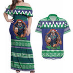 Merry Haka Warriors Personalised Couples Matching Off Shoulder Maxi Dress and Hawaiian Shirt Christmas Rugby League Spirit - Aussie Hoodie