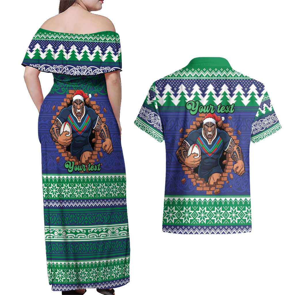 Merry Haka Warriors Personalised Couples Matching Off Shoulder Maxi Dress and Hawaiian Shirt Christmas Rugby League Spirit - Aussie Hoodie