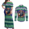 Merry Haka Warriors Personalised Couples Matching Off Shoulder Maxi Dress and Long Sleeve Button Shirt Christmas Rugby League Spirit - Aussie Hoodie