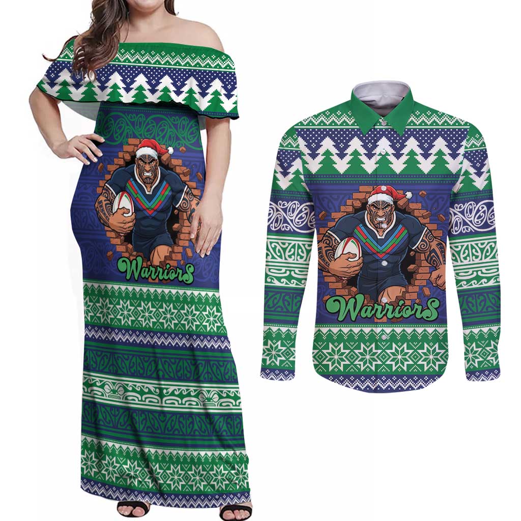 Merry Haka Warriors Personalised Couples Matching Off Shoulder Maxi Dress and Long Sleeve Button Shirt Christmas Rugby League Spirit - Aussie Hoodie