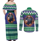 Merry Haka Warriors Personalised Couples Matching Off Shoulder Maxi Dress and Long Sleeve Button Shirt Christmas Rugby League Spirit - Aussie Hoodie