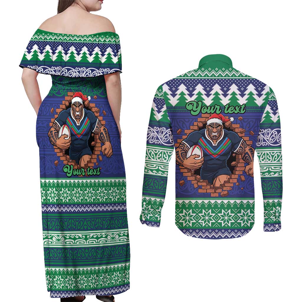 Merry Haka Warriors Personalised Couples Matching Off Shoulder Maxi Dress and Long Sleeve Button Shirt Christmas Rugby League Spirit - Aussie Hoodie