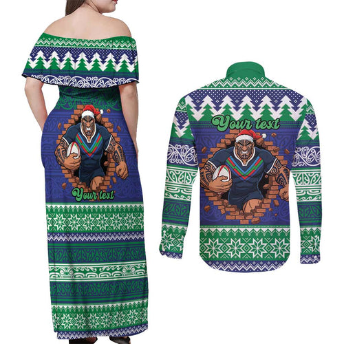 Merry Haka Warriors Personalised Couples Matching Off Shoulder Maxi Dress and Long Sleeve Button Shirt Christmas Rugby League Spirit - Aussie Hoodie