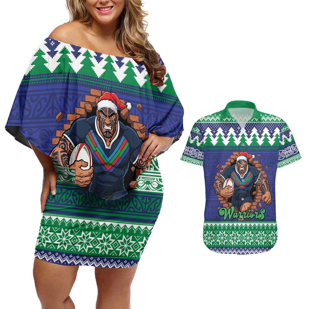 Merry Haka Warriors Personalised Couples Matching Off Shoulder Short Dress and Hawaiian Shirt Christmas Rugby League Spirit - Aussie Hoodie