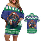 Merry Haka Warriors Personalised Couples Matching Off Shoulder Short Dress and Hawaiian Shirt Christmas Rugby League Spirit - Aussie Hoodie