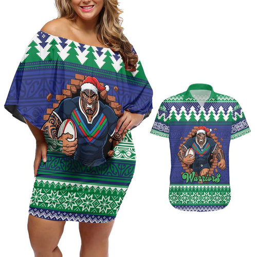 Merry Haka Warriors Personalised Couples Matching Off Shoulder Short Dress and Hawaiian Shirt Christmas Rugby League Spirit - Aussie Hoodie