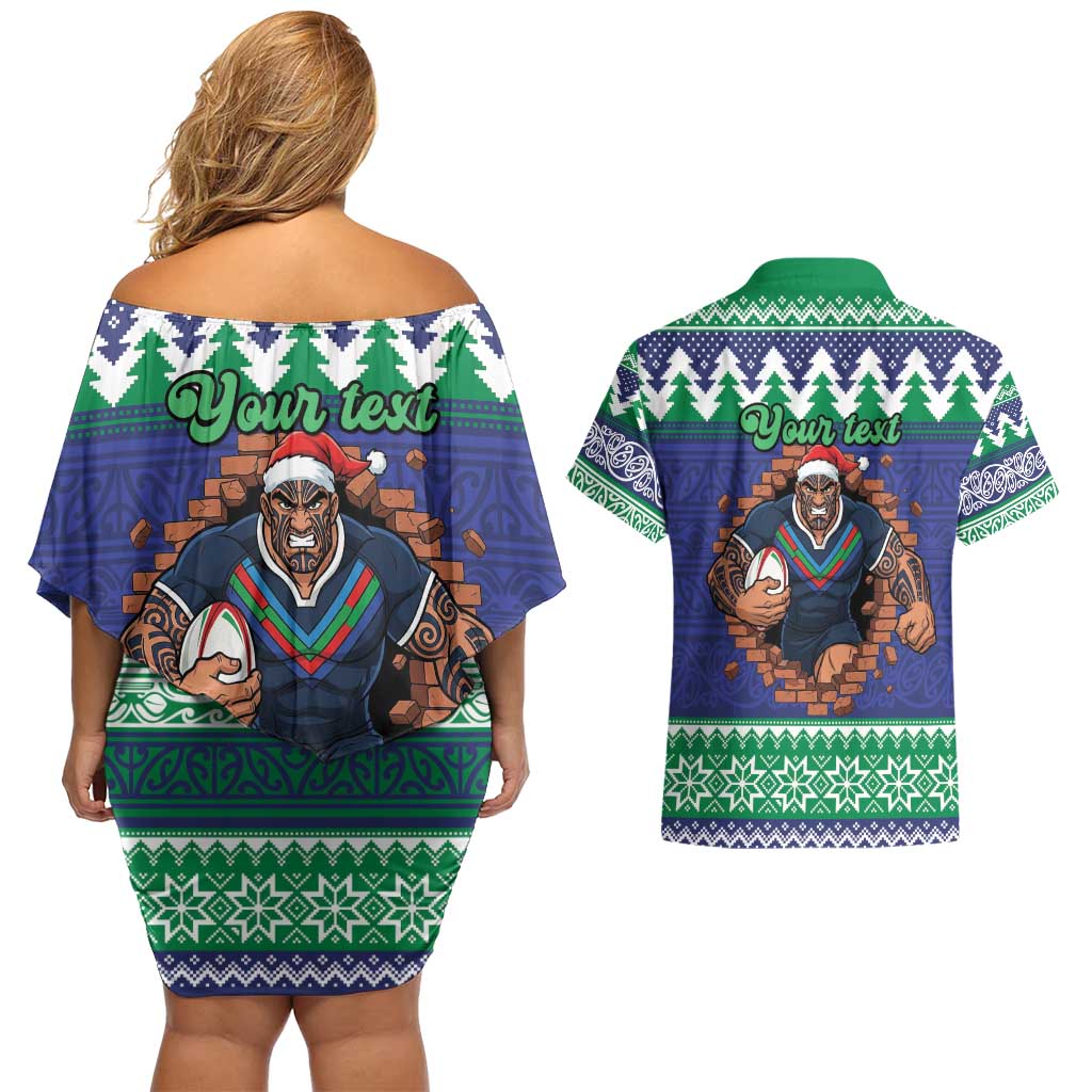 Merry Haka Warriors Personalised Couples Matching Off Shoulder Short Dress and Hawaiian Shirt Christmas Rugby League Spirit - Aussie Hoodie