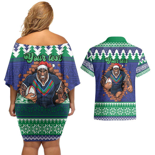 Merry Haka Warriors Personalised Couples Matching Off Shoulder Short Dress and Hawaiian Shirt Christmas Rugby League Spirit - Aussie Hoodie