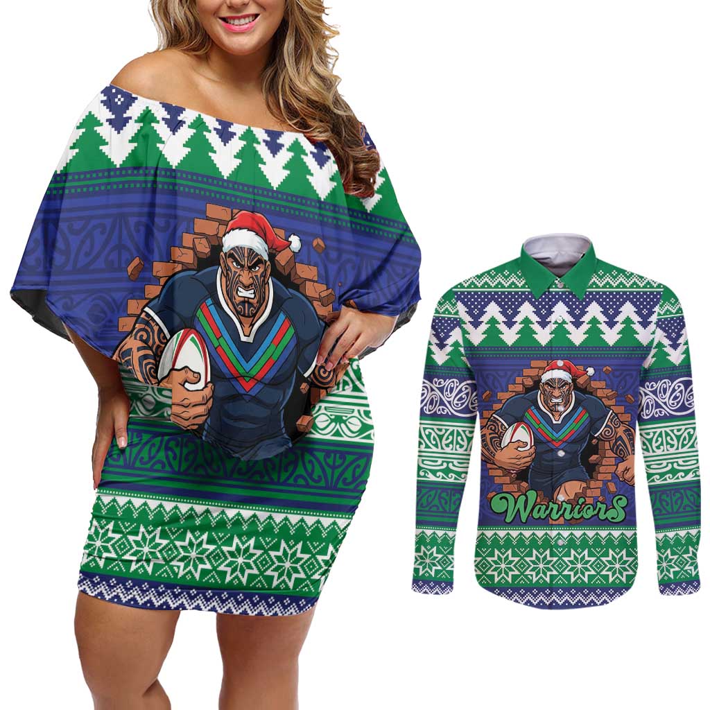 Merry Haka Warriors Personalised Couples Matching Off Shoulder Short Dress and Long Sleeve Button Shirt Christmas Rugby League Spirit - Aussie Hoodie