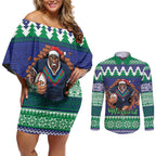 Merry Haka Warriors Personalised Couples Matching Off Shoulder Short Dress and Long Sleeve Button Shirt Christmas Rugby League Spirit - Aussie Hoodie