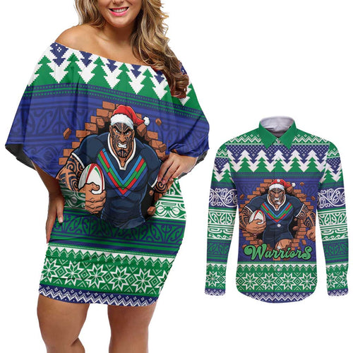 Merry Haka Warriors Personalised Couples Matching Off Shoulder Short Dress and Long Sleeve Button Shirt Christmas Rugby League Spirit - Aussie Hoodie