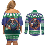 Merry Haka Warriors Personalised Couples Matching Off Shoulder Short Dress and Long Sleeve Button Shirt Christmas Rugby League Spirit - Aussie Hoodie