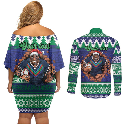 Merry Haka Warriors Personalised Couples Matching Off Shoulder Short Dress and Long Sleeve Button Shirt Christmas Rugby League Spirit - Aussie Hoodie