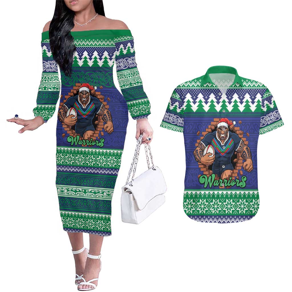 Merry Haka Warriors Personalised Couples Matching Off The Shoulder Long Sleeve Dress and Hawaiian Shirt Christmas Rugby League Spirit - Aussie Hoodie