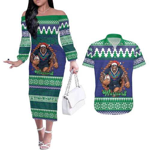 Merry Haka Warriors Personalised Couples Matching Off The Shoulder Long Sleeve Dress and Hawaiian Shirt Christmas Rugby League Spirit - Aussie Hoodie