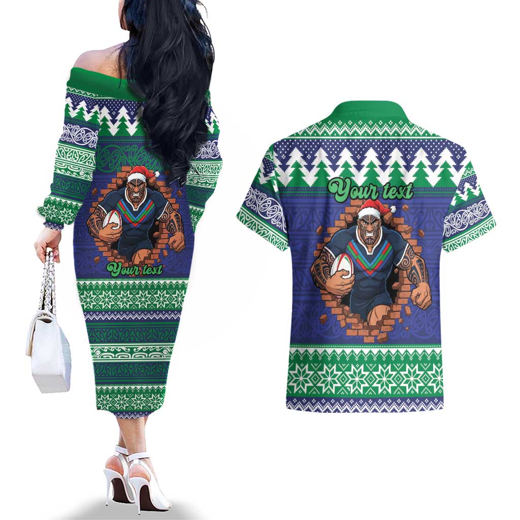 Merry Haka Warriors Personalised Couples Matching Off The Shoulder Long Sleeve Dress and Hawaiian Shirt Christmas Rugby League Spirit - Aussie Hoodie