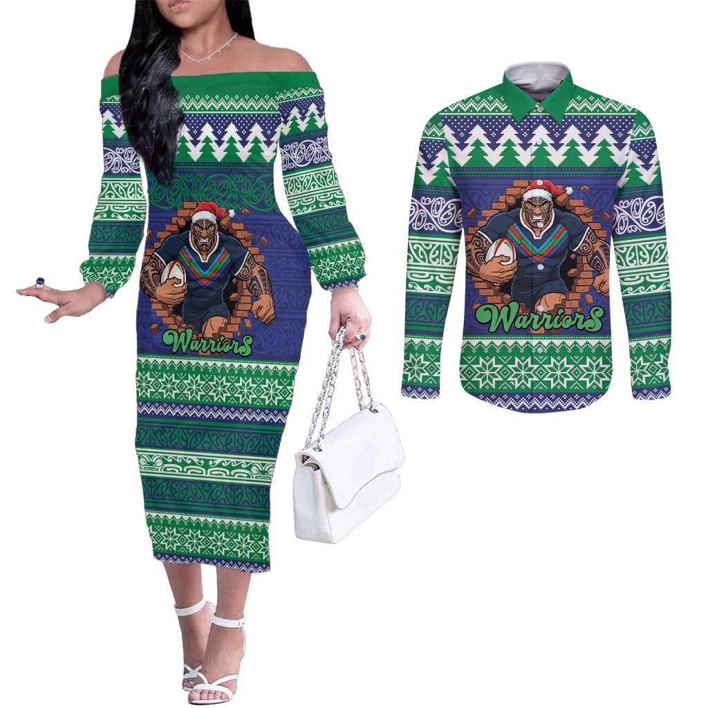 Merry Haka Warriors Personalised Couples Matching Off The Shoulder Long Sleeve Dress and Long Sleeve Button Shirt Christmas Rugby League Spirit - Aussie Hoodie