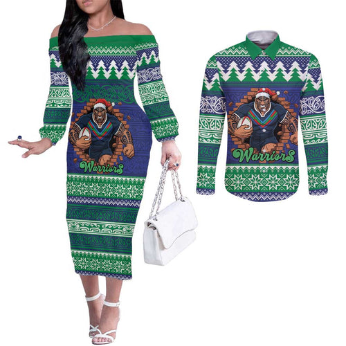 Merry Haka Warriors Personalised Couples Matching Off The Shoulder Long Sleeve Dress and Long Sleeve Button Shirt Christmas Rugby League Spirit - Aussie Hoodie